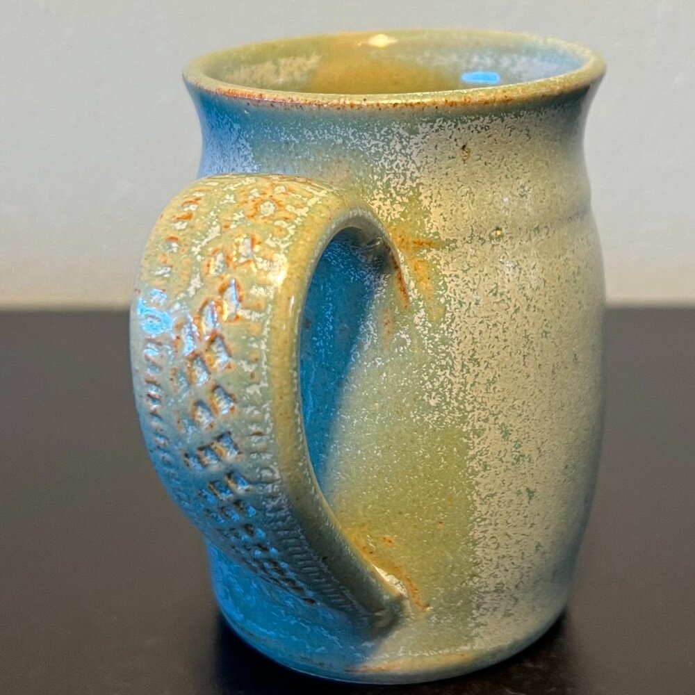 Handcrafted Hand Thrown Vtg Studio Art Pottery Mug Celadon Glaze Artist Signed